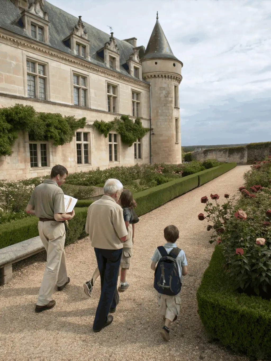 A photograph of a guided tour group exploring the gardens of the Château de Chantemille, with the guide pointing out historical features.