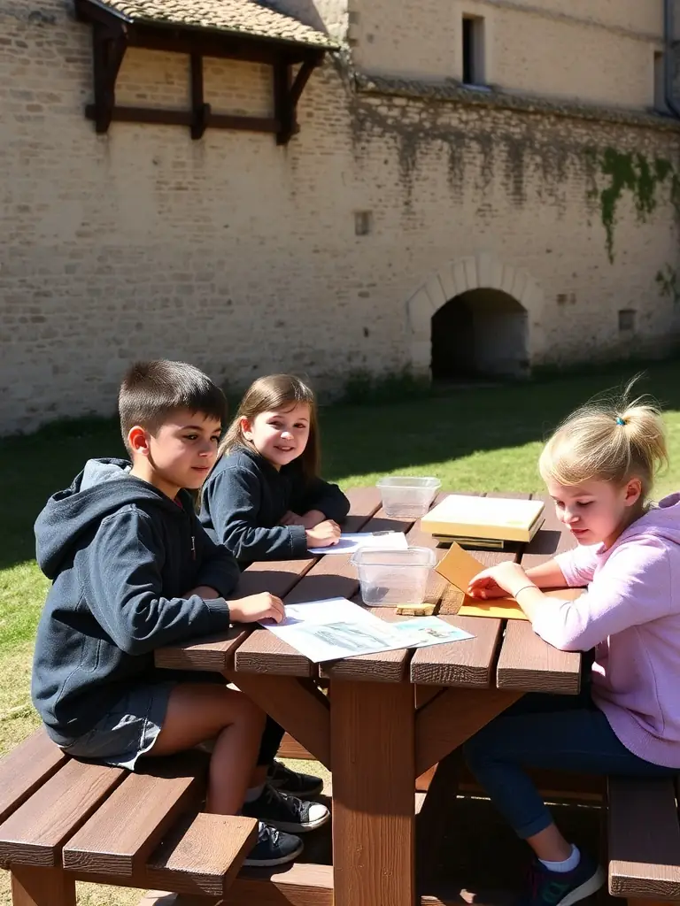 A photo of a workshop where local artisans are teaching traditional restoration techniques to younger generations, inside the Château de Chantemille.