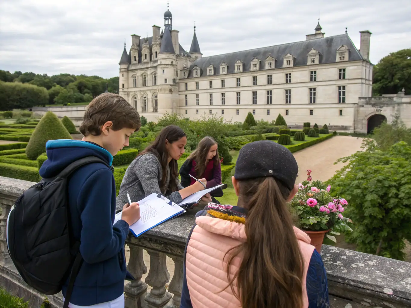 A photograph showcasing a guided tour of the Château de Chantemille, with a knowledgeable guide pointing out architectural details and sharing historical anecdotes with a group of attentive visitors.
