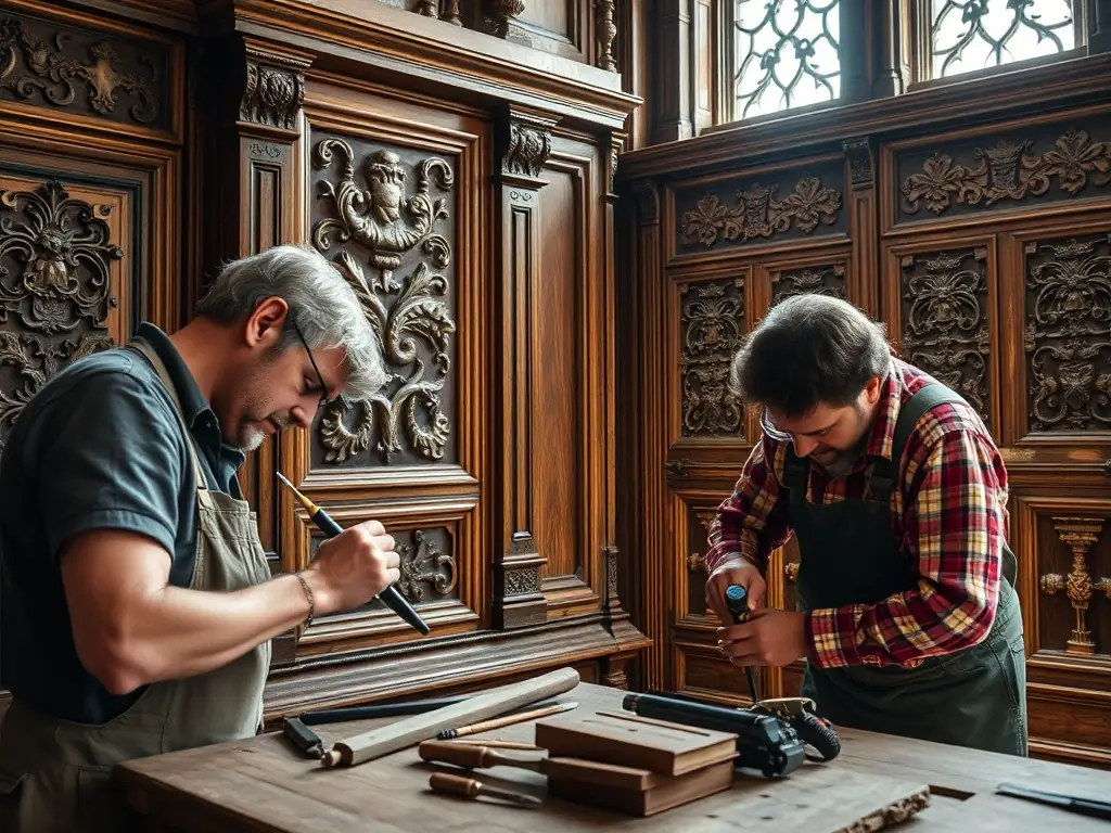 A photograph featuring participants in a historical workshop at the Château de Chantemille, learning traditional crafts and skills from experienced artisans.