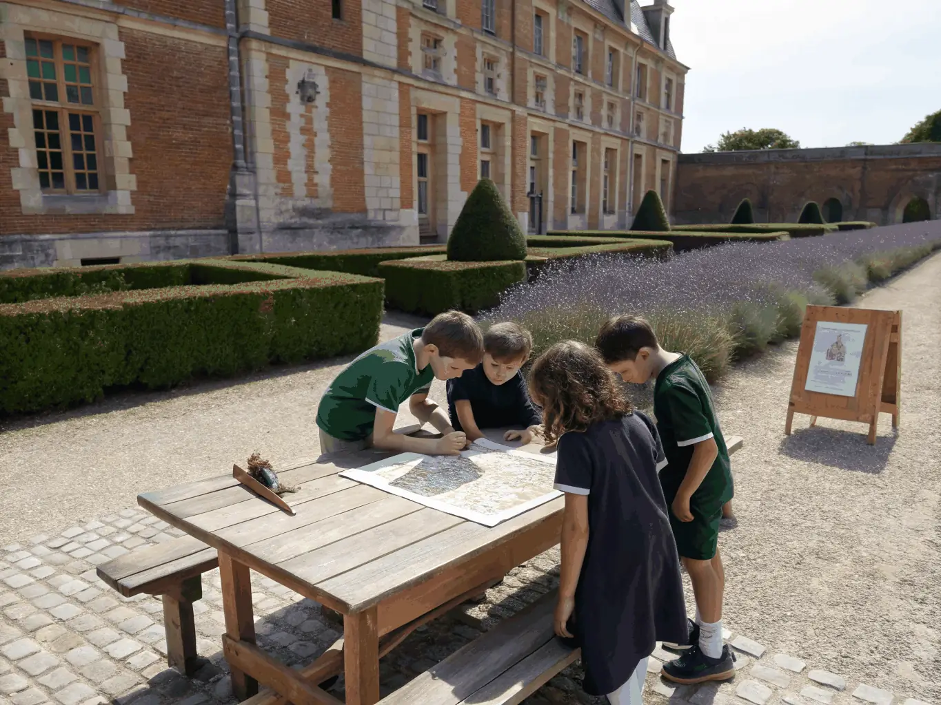 A photograph depicting a group of children participating in a historical reenactment activity at the Château de Chantemille, dressed in period costumes and interacting with historical artifacts.