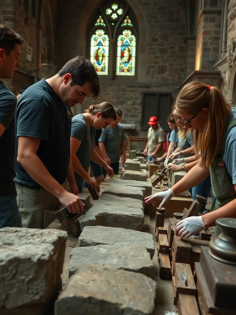 A detailed close-up photo of volunteers carefully cleaning and preserving historical artifacts found within the Château de Chantemille.